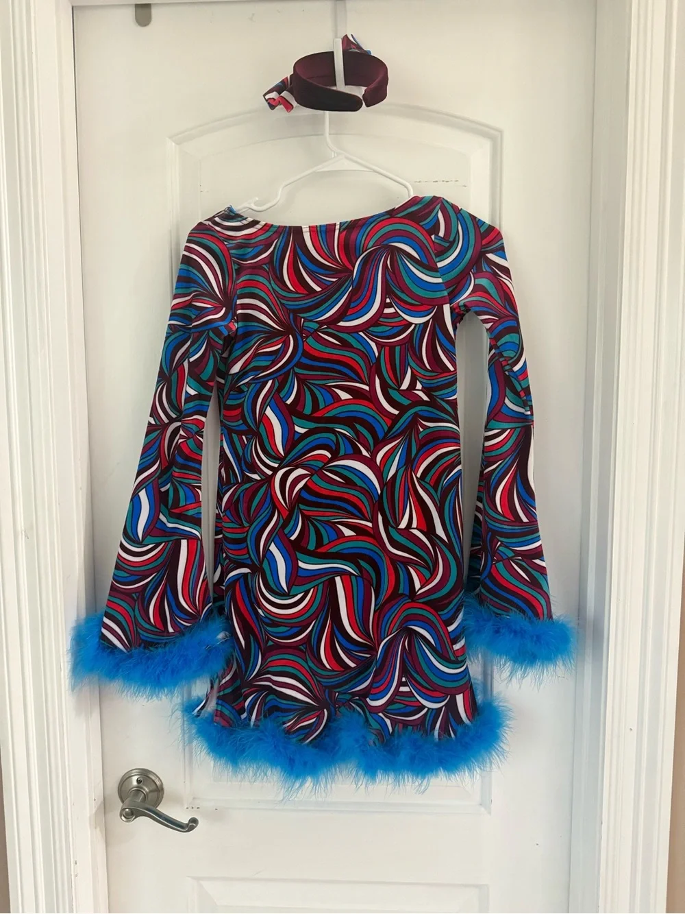 Weissman Multicolor Swirl Dress with Blue Feather Trim and Headband